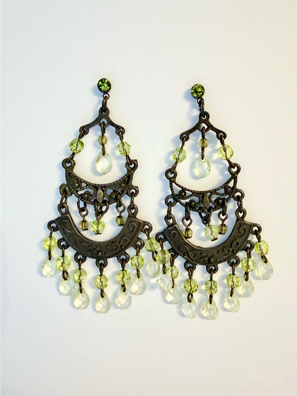 Vintage-Inspired Green Bead Chandelier Earrings